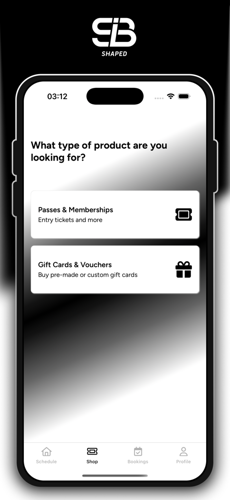 Shaped - Shop-Bildschirm der Shaped Fitness-App, der Mitgliedschaften und Geschenkkartenoptionen anzeigt
