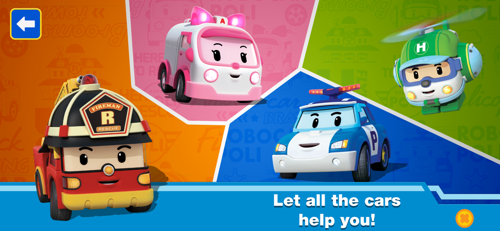 Vier Robocar Poli Charaktere, darunter Roy der Feuerwehrauto, Amber der Krankenwagen, Poli das Polizeiauto und Helly der Hubschrauber.