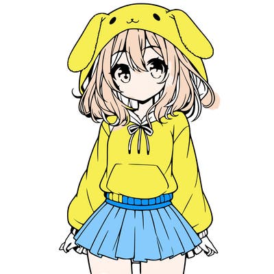 pretty anime girl wearing a fluffy hoodie with bunny ears on the hood and a skirt