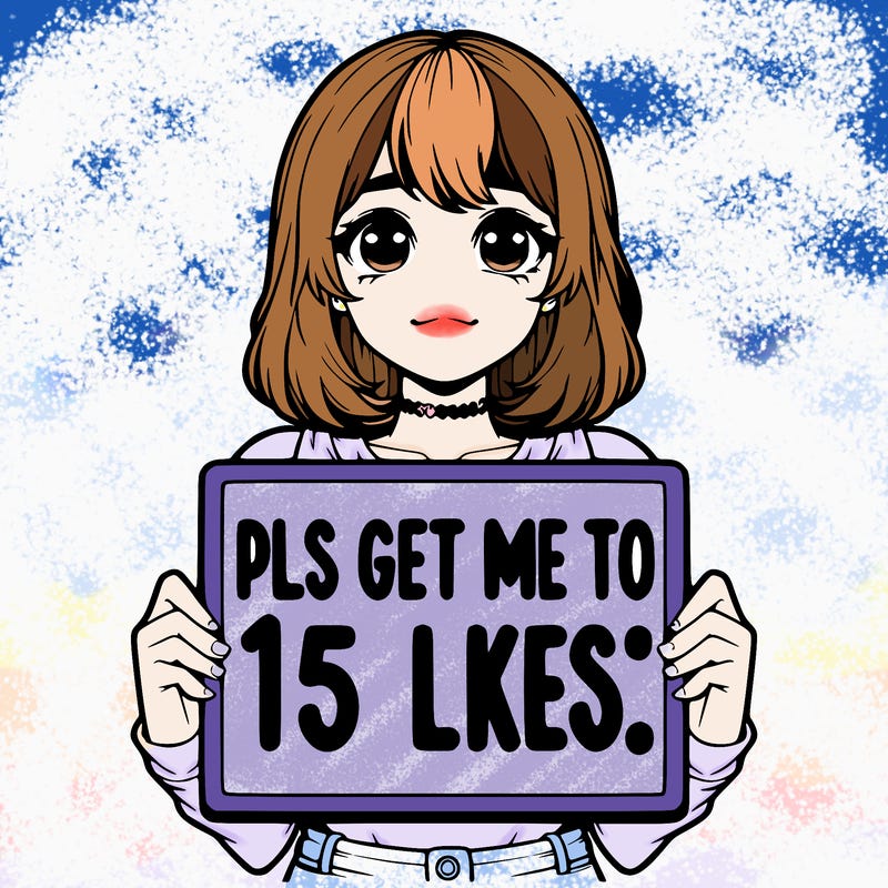 realistic girl holding up a sign that says “pls get me to 15 likes!”