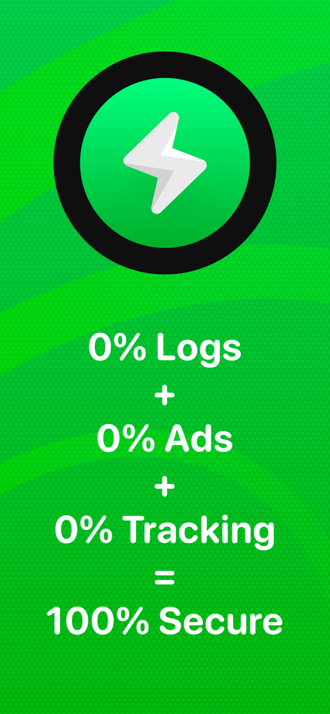 VPNアプリのプロモーション画面。100%のセキュリティのために、ログ、広告、追跡がゼロパーセントであることを示しています。