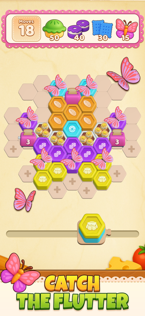 Cooking Blast 3D: Hexa Match - Hexagonal puzzle board in Cooking Blast 3D with colorful food tiles and butterflies
