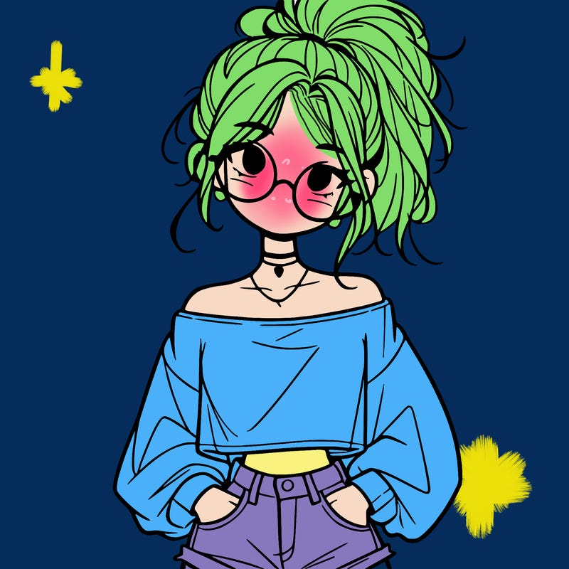 girl with a messy ponytail glasses a baggy crop top and jean shorts