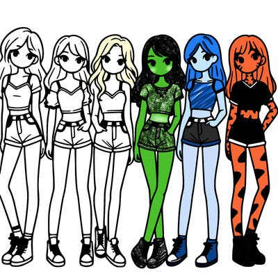 a group of girls wearing crop tops and shorts