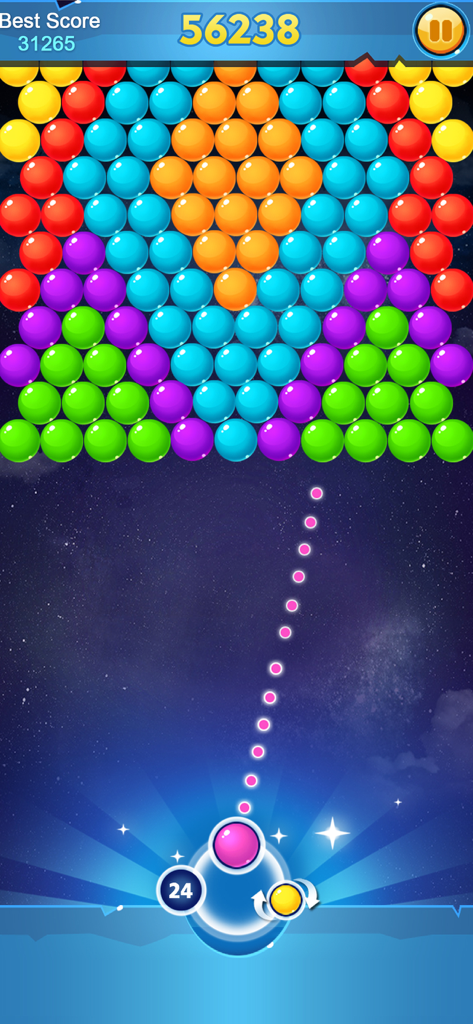 Bubble Shooter Classic Puzzle - Pantalla de juego de Bubble Shooter Classic Puzzle que muestra burbujas de colores y la trayectoria de puntería