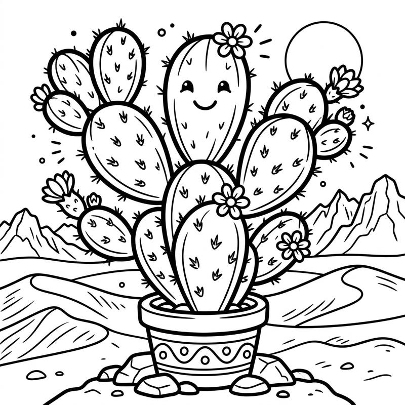 Bring a touch of the desert to life with this delightful Opuntia cactus coloring page, specially designed for young artists aged 4-8. Featuring a cheerful prickly pear in a pot surrounded by scenic sand dunes, it's perfect for sparking creativity.