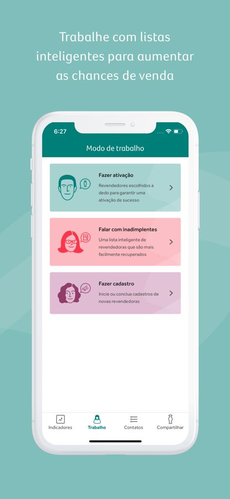 Interface of the O Boticario Supervisor app showing work mode options and smart lists for reseller management
