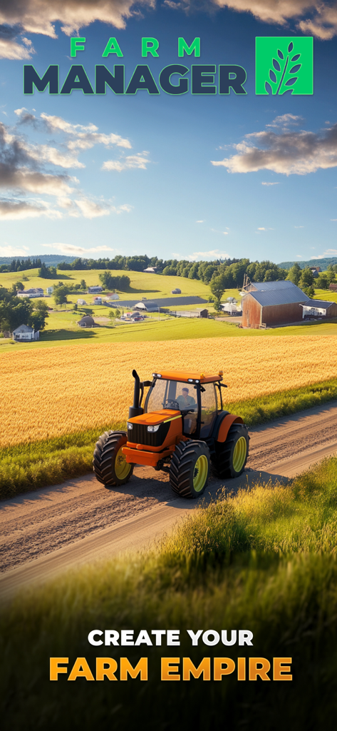 Farm Manager - 2026 - An orange tractor driving on a path next to a golden wheat field in the Farm Manager 2026 game