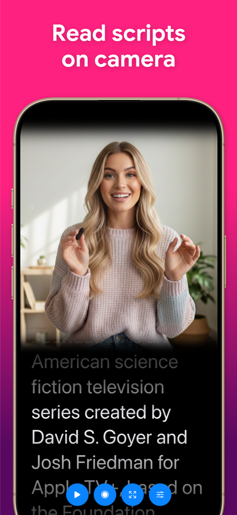 Teleprompter - Video Recording - Una mujer grabando un vídeo en su teléfono mientras lee un guion desplazándose en la pantalla usando la aplicación Teleprompter.
