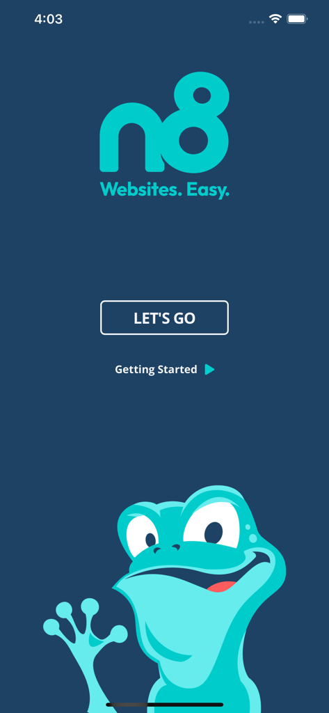 n8: Create. Sell. Refresh. - Willkommensbildschirm der n8 Website-Builder-App mit einem freundlichen türkisfarbenen Frosch-Maskottchen und dem Slogan Websites leicht