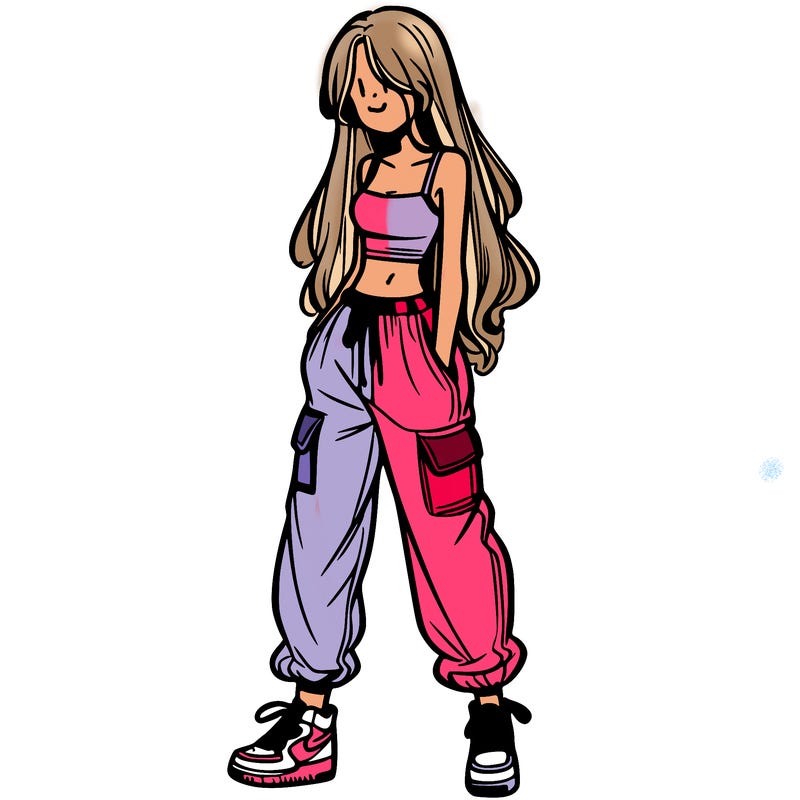 girl in baggy pants crop top and long hair