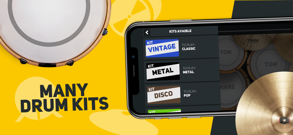 Interface of the Super Drum app showing various available drum kits like Vintage and Metal