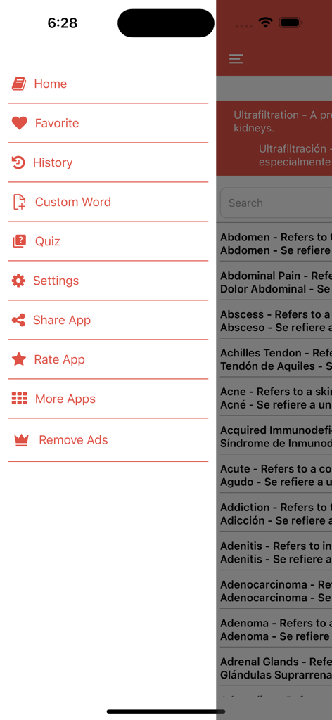 Menú de navegación lateral de la aplicación Términos Médicos en Español que muestra opciones como Cuestionario y Palabras Personalizadas.