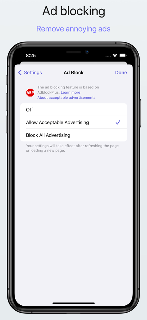 Teak Browser: User Script - Configurações de bloqueio de anúncios no Teak Browser com opções para bloquear toda a publicidade usando AdblockPlus