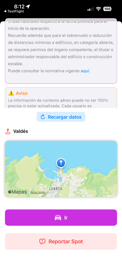SpotItFly - SpotItFly app screen displaying a drone flight location map for Valdes with a navigation button