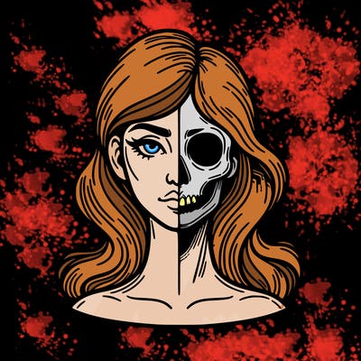 bust of a woman, half face and hair, half skull