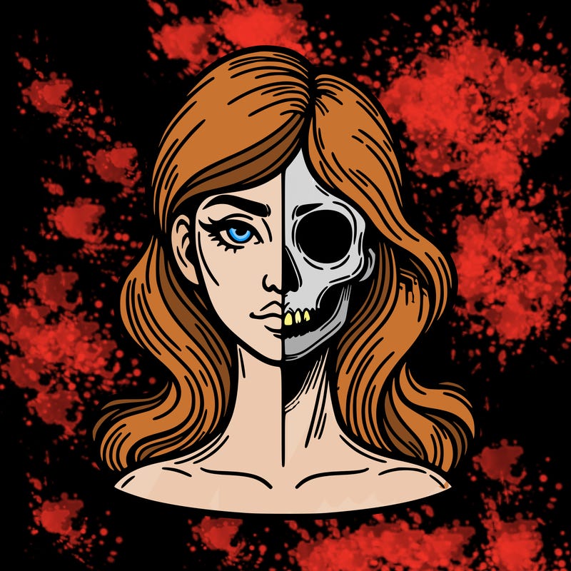 bust of a woman, half face and hair, half skull