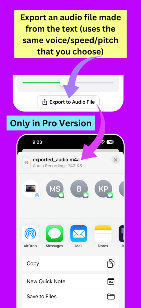 Easy Text to Speech Reader Pro - Captura de pantalla que muestra la función de exportación de archivos de audio en la aplicación Lector Fácil de Texto a Voz Pro