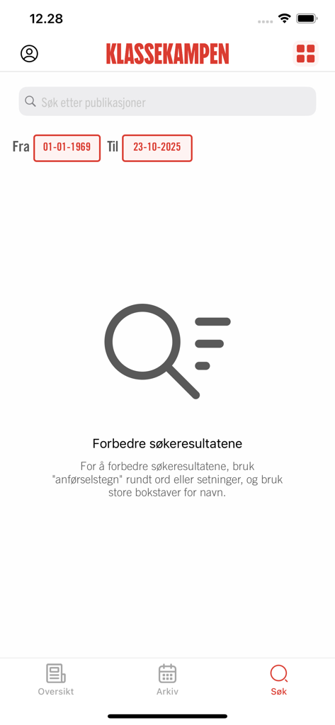 Klassekampen - Klassekampenアプリの検索インターフェース。日付範囲フィルターと、ニュースアーカイブの検索バーが表示されています。