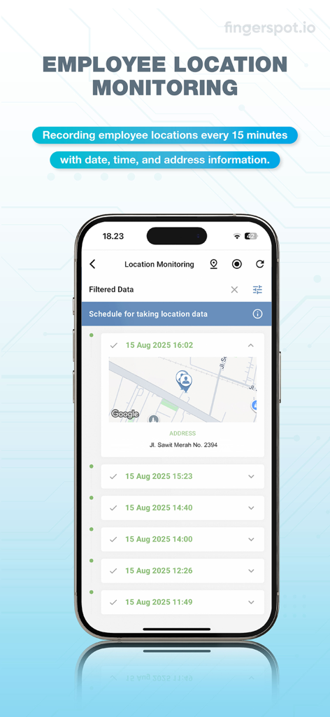Fingerspot app interface displaying employee location history with GPS maps and time logs