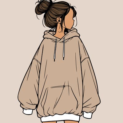 realistic girl with a oversized sweatshirt on and a bun