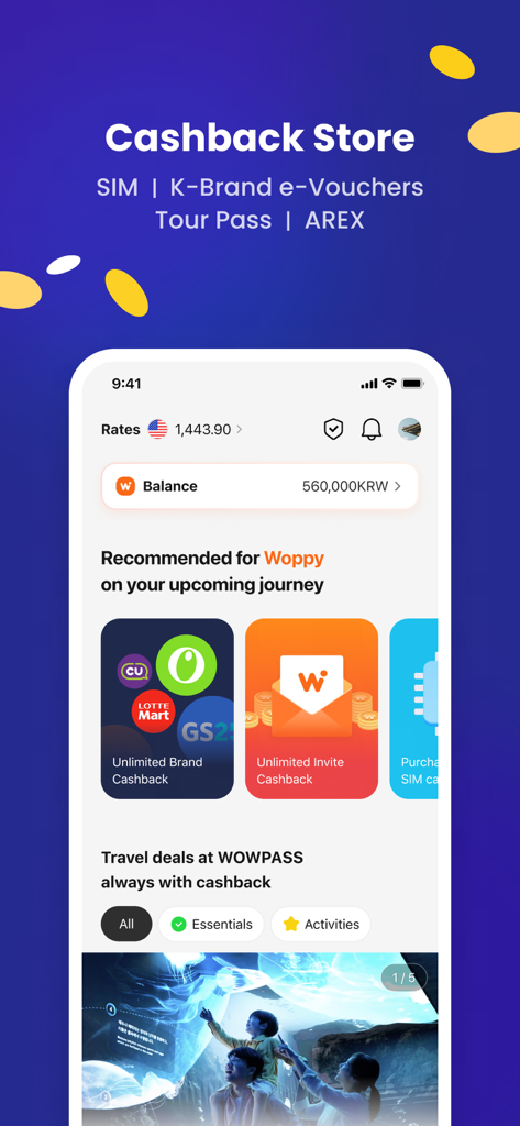 WOWPASS mobile app interface showing the Cashback Store with brand rewards and travel deals