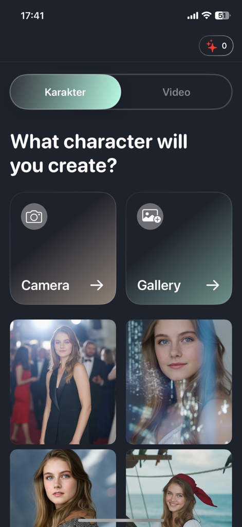 Interface do aplicativo Morphica AI Avatar Maker com opções de criação de personagens e retratos gerados por IA de amostra