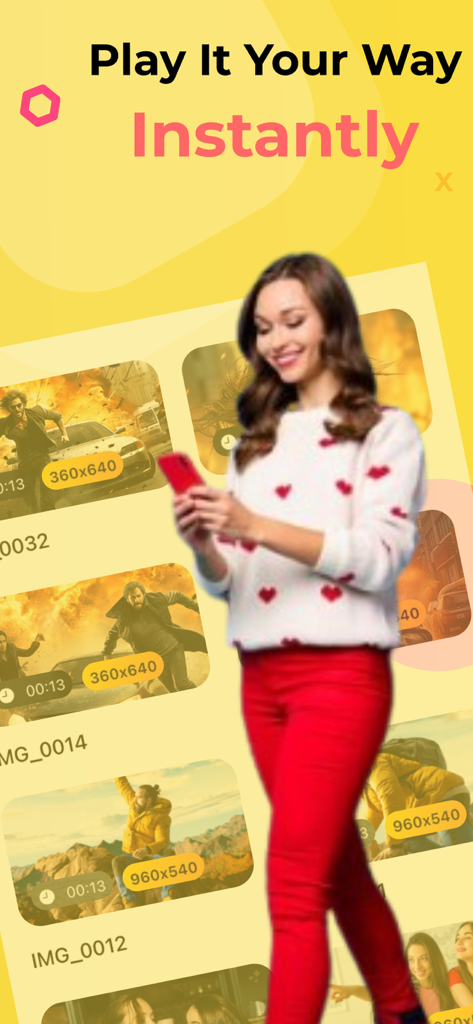 Eine junge Frau benutzt die SnapTube HD Video Player App auf ihrem Handy mit einer Videobibliothek im Hintergrund