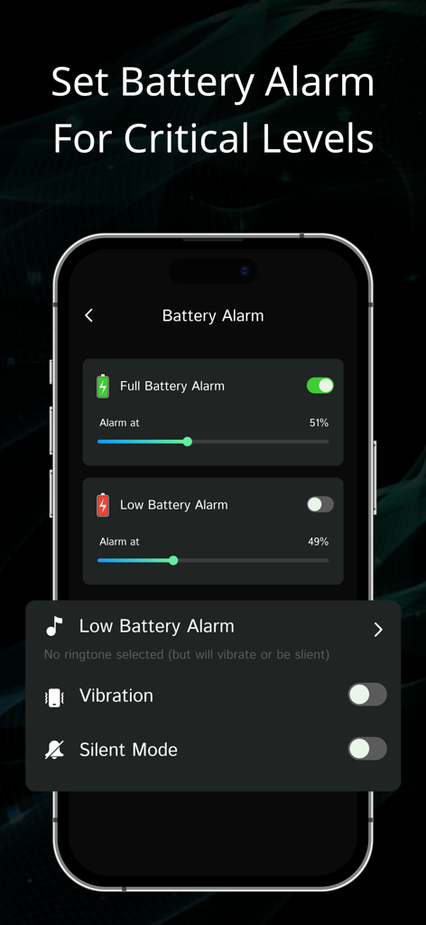 Battery Health - Charge Saver - Battery alarm configuration screen in the Battery Health app for setting critical level alerts