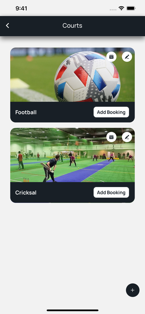 Play.Book Provider app interface displaying sports court management cards for football and indoor cricket with add booking options.