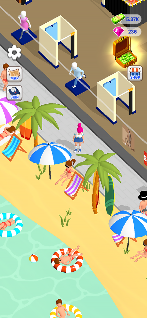 Beach Apparel - Mobile game screenshot of a fashion boutique on a tropical beach