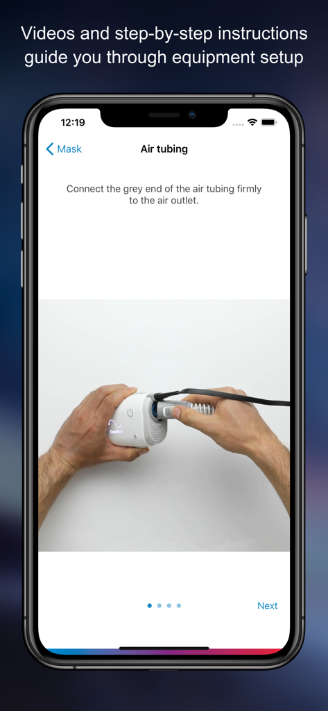 Step by step instructions in the AirMini app for connecting air tubing to the device