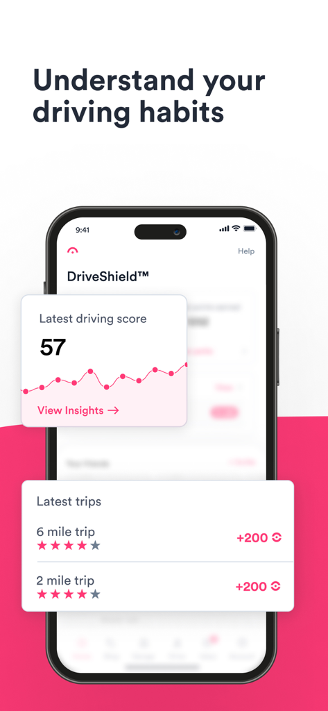 Jerry app DriveShield screen showing driving score habits and trip history with ratings