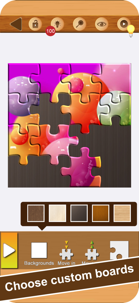 Amazing Jigsaw - Brain Puzzles - Selecting custom background boards for a colorful jigsaw puzzle in the app interface