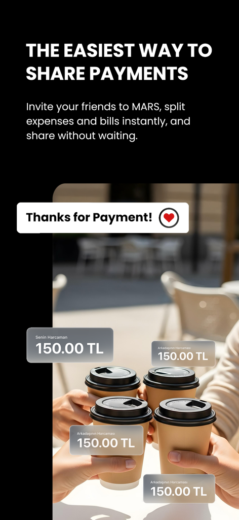 MARS Mobile Finance Services - Friends splitting coffee expenses instantly using the MARS app