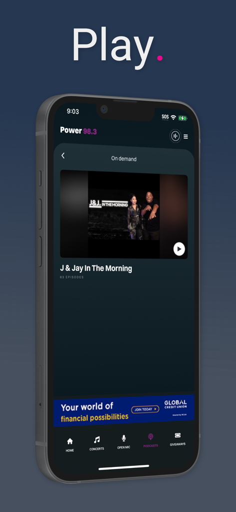 Power 98.3 & 96.1 - Interface do aplicativo móvel Power 98.3 mostrando a seção de podcasts e áudio sob demanda com J e Jay In The Morning.