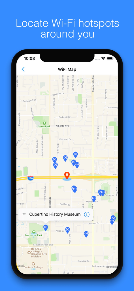 WiFi Around - Nearby Hotspots - WiFi Map interface showing nearby public hotspots in an urban area