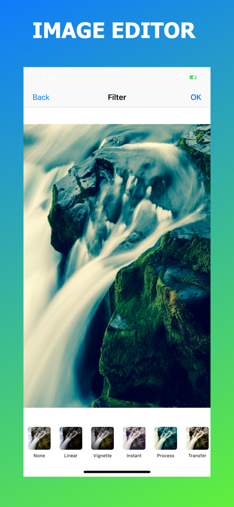 Interface of the image editor showing different photo filters for a nature landscape