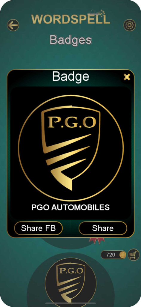 Écran du jeu Word Spell montrant un badge de réussite gagné et des options de partage social.