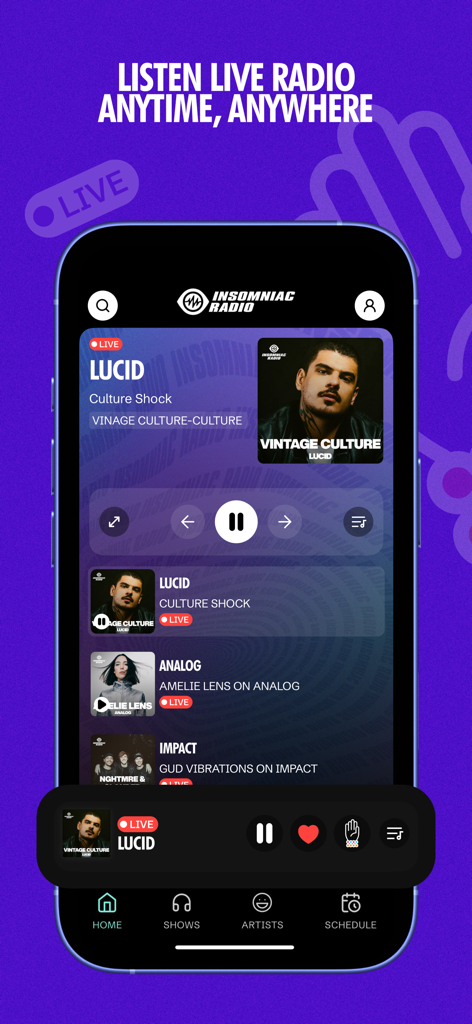Insomniac Radio mobile app live streaming interface with artist profiles and music controls