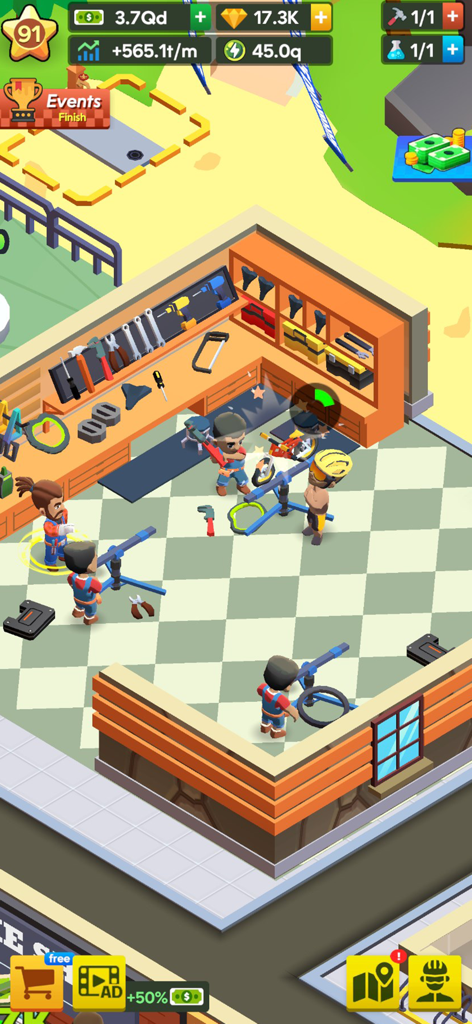 Mecánicos trabajando en una tienda de reparación de bicicletas dentro de Mountain Bike Park-Tycoon Game