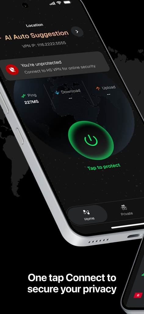 HS VPN Lite: Private VPN Proxy - HS VPN Lite app interface showing the one-tap connection button and privacy status