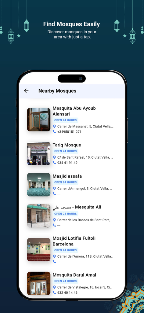 Salah Mate - Salah Mateのモバイルインターフェース。名前、場所、営業時間とともに近くのモスクのリストが表示されています。