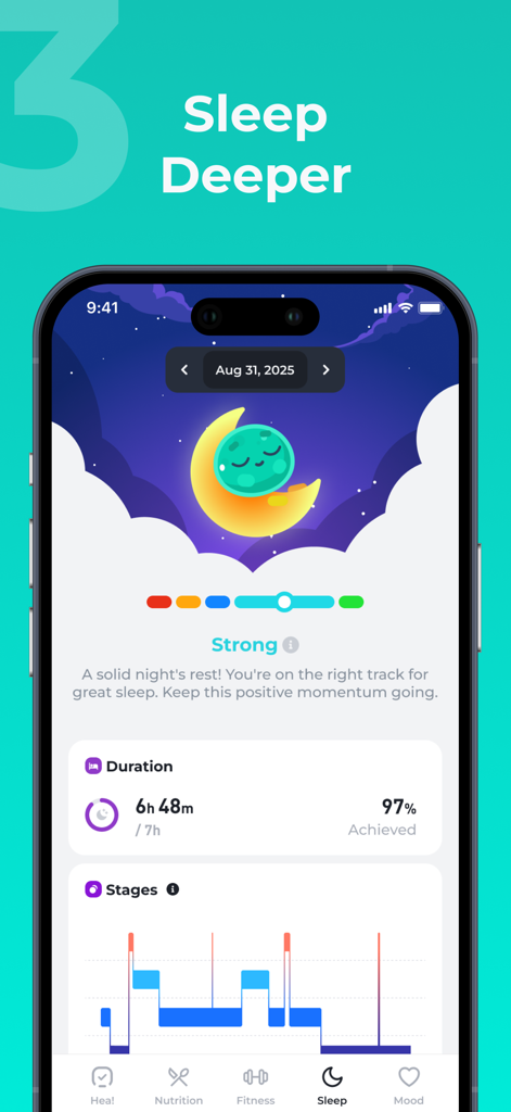 Hea! - Health Companion - Hea app sleep tracking interface with duration stats and sleep stages graph