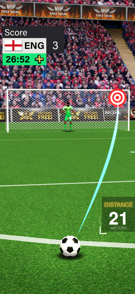 Un tiro curvo de fútbol apuntando a una diana en la esquina superior en un juego de estilo arcade