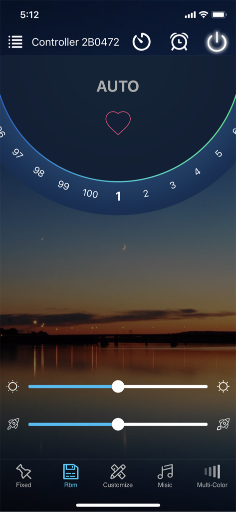 Interface of the ZENGGE app for controlling Bluetooth LED strips featuring a sunset background and brightness adjustment sliders.