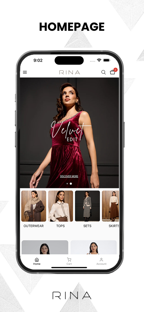Rina – Women’s Clothing Online - Página de inicio de la aplicación de ropa femenina Rina con un banner de colección de terciopelo y categorías para tops y prendas de abrigo.