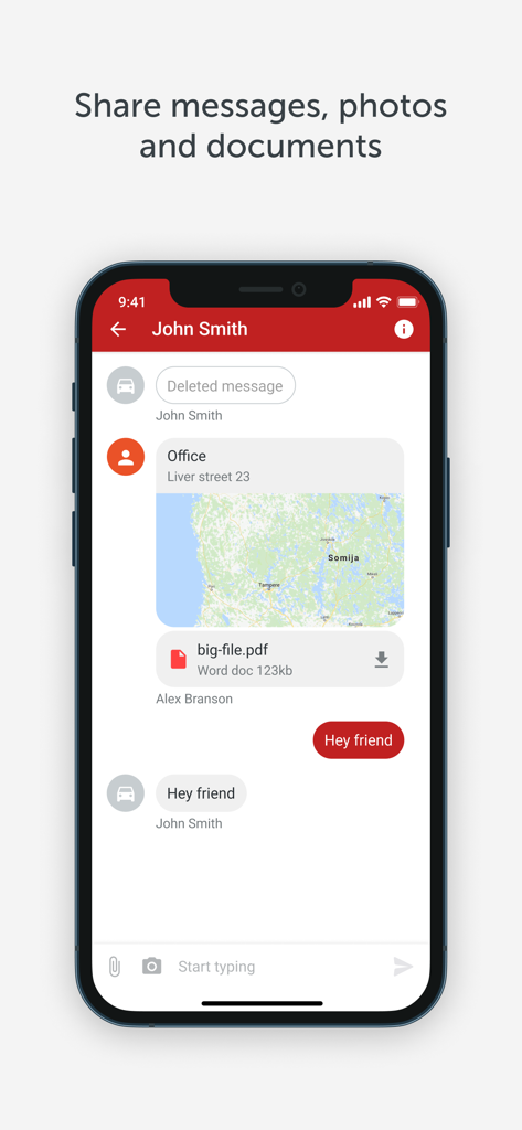 My-Fleet - Un écran d'application de gestion de flotte montrant le chat en temps réel avec des fonctionnalités de partage de localisation et de fichiers.