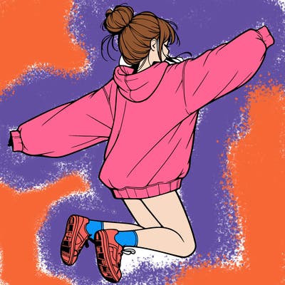 realistic girl jumping with a bun and oversized sweatshirt