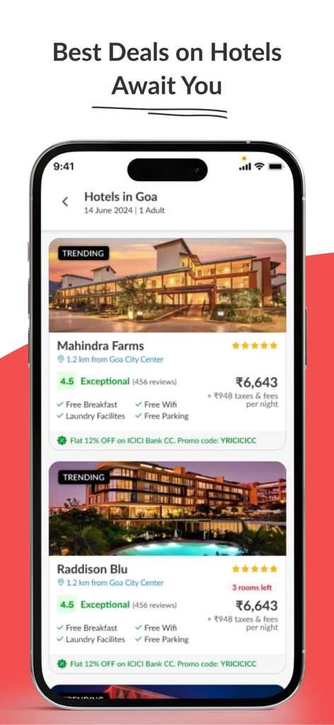 Yatra for Business mobile app showing hotel search results and corporate rates.